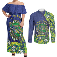 Cook Islands Language Week Couples Matching Off Shoulder Maxi Dress and Long Sleeve Button Shirt Flying Fish 15 Stars Tribal Patterns