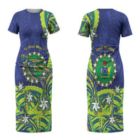 Cook Islands Language Week Couples Matching Short Sleeve Bodycon Dress and Long Sleeve Button Shirt Flying Fish 15 Stars Tribal Patterns