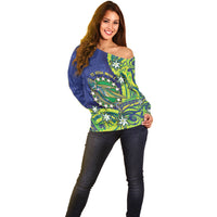 Cook Islands Language Week Off Shoulder Sweater Flying Fish 15 Stars Tribal Patterns
