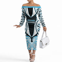 Custom Aotearoa Ngati Kahungunu Off The Shoulder Long Sleeve Dress New Zealand Traditional Maori Pattern DT05 Women Blue - Polynesian Pride