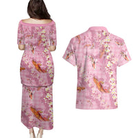 Pink Palaka Hawaiian And Japanese Couples Matching Puletasi and Hawaiian Shirt Sakura Lei With Koi Fish - Polynesian Pride