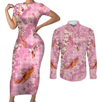 Pink Palaka Hawaiian And Japanese Couples Matching Short Sleeve Bodycon Dress and Long Sleeve Button Shirt Sakura Lei With Koi Fish - Polynesian Pride
