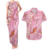 Pink Palaka Hawaiian And Japanese Couples Matching Tank Maxi Dress and Hawaiian Shirt Sakura Lei With Koi Fish - Polynesian Pride