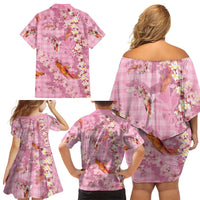 Pink Palaka Hawaiian And Japanese Family Matching Off Shoulder Short Dress and Hawaiian Shirt Sakura Lei With Koi Fish - Polynesian Pride