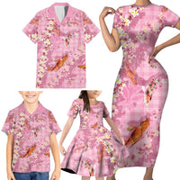 Pink Palaka Hawaiian And Japanese Family Matching Short Sleeve Bodycon Dress and Hawaiian Shirt Sakura Lei With Koi Fish - Polynesian Pride