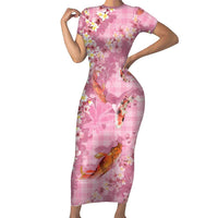 Pink Palaka Hawaiian And Japanese Family Matching Short Sleeve Bodycon Dress and Hawaiian Shirt Sakura Lei With Koi Fish - Polynesian Pride