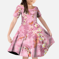 Pink Palaka Hawaiian And Japanese Kid Short Sleeve Dress Sakura Lei With Koi Fish - Polynesian Pride