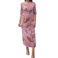 Pink Palaka Hawaiian And Japanese Puletasi Sakura Lei With Koi Fish DT05 Long Dress Pink - Polynesian Pride