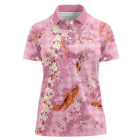 Pink Palaka Hawaiian And Japanese Women Polo Shirt Sakura Lei With Koi Fish - Polynesian Pride