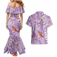 Purple Palaka Hawaiian And Japanese Couples Matching Mermaid Dress and Hawaiian Shirt Sakura Lei With Koi Fish - Polynesian Pride