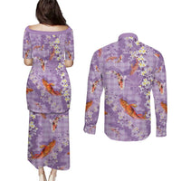 Purple Palaka Hawaiian And Japanese Couples Matching Puletasi and Long Sleeve Button Shirt Sakura Lei With Koi Fish - Polynesian Pride