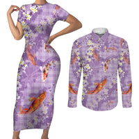 Purple Palaka Hawaiian And Japanese Couples Matching Short Sleeve Bodycon Dress and Long Sleeve Button Shirt Sakura Lei With Koi Fish DT05 Purple - Polynesian Pride