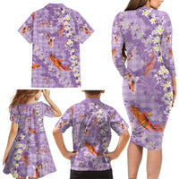 Purple Palaka Hawaiian And Japanese Family Matching Long Sleeve Bodycon Dress and Hawaiian Shirt Sakura Lei With Koi Fish DT05 - Polynesian Pride