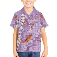 Purple Palaka Hawaiian And Japanese Family Matching Long Sleeve Bodycon Dress and Hawaiian Shirt Sakura Lei With Koi Fish DT05 Son's Shirt Purple - Polynesian Pride