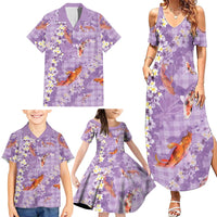 Purple Palaka Hawaiian And Japanese Family Matching Summer Maxi Dress and Hawaiian Shirt Sakura Lei With Koi Fish - Polynesian Pride