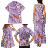 Purple Palaka Hawaiian And Japanese Family Matching Tank Maxi Dress and Hawaiian Shirt Sakura Lei With Koi Fish - Polynesian Pride