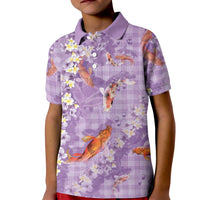 Purple Palaka Hawaiian And Japanese Kid Polo Shirt Sakura Lei With Koi Fish - Polynesian Pride