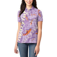 Purple Palaka Hawaiian And Japanese Women Polo Shirt Sakura Lei With Koi Fish - Polynesian Pride