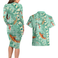 Green Palaka Hawaiian And Japanese Couples Matching Long Sleeve Bodycon Dress and Hawaiian Shirt Sakura Lei With Koi Fish - Polynesian Pride