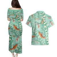 Green Palaka Hawaiian And Japanese Couples Matching Puletasi and Hawaiian Shirt Sakura Lei With Koi Fish - Polynesian Pride
