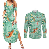 Green Palaka Hawaiian And Japanese Couples Matching Summer Maxi Dress and Long Sleeve Button Shirt Sakura Lei With Koi Fish - Polynesian Pride