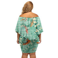 Green Palaka Hawaiian And Japanese Family Matching Off Shoulder Short Dress and Hawaiian Shirt Sakura Lei With Koi Fish - Polynesian Pride