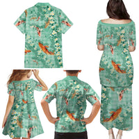 Green Palaka Hawaiian And Japanese Family Matching Puletasi and Hawaiian Shirt Sakura Lei With Koi Fish - Polynesian Pride
