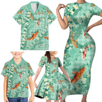 Green Palaka Hawaiian And Japanese Family Matching Short Sleeve Bodycon Dress and Hawaiian Shirt Sakura Lei With Koi Fish - Polynesian Pride