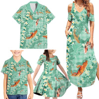 Green Palaka Hawaiian And Japanese Family Matching Summer Maxi Dress and Hawaiian Shirt Sakura Lei With Koi Fish - Polynesian Pride