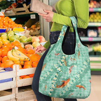 Green Palaka Hawaiian And Japanese Grocery Bag Sakura Lei With Koi Fish - Polynesian Pride