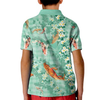 Green Palaka Hawaiian And Japanese Kid Polo Shirt Sakura Lei With Koi Fish - Polynesian Pride
