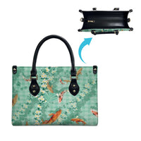 Green Palaka Hawaiian And Japanese Leather Bag Sakura Lei With Koi Fish DT05 - Polynesian Pride