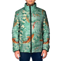 Green Palaka Hawaiian And Japanese Padded Jacket Sakura Lei With Koi Fish DT05 Men Green - Polynesian Pride