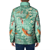 Green Palaka Hawaiian And Japanese Padded Jacket Sakura Lei With Koi Fish DT05 - Polynesian Pride