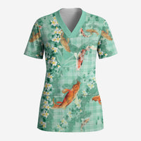 Green Palaka Hawaiian And Japanese Scrub Top Sakura Lei With Koi Fish DT05 Adult Green - Polynesian Pride