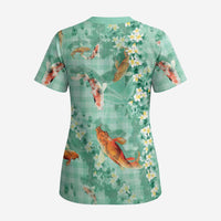 Green Palaka Hawaiian And Japanese Scrub Top Sakura Lei With Koi Fish DT05 - Polynesian Pride