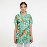 Green Palaka Hawaiian And Japanese Scrub Top Sakura Lei With Koi Fish DT05 - Polynesian Pride