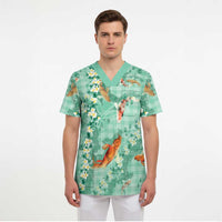 Green Palaka Hawaiian And Japanese Scrub Top Sakura Lei With Koi Fish DT05 - Polynesian Pride