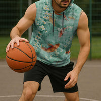 Green Palaka Hawaiian And Japanese Sleeveless Hoodie Sakura Lei With Koi Fish DT05 - Polynesian Pride