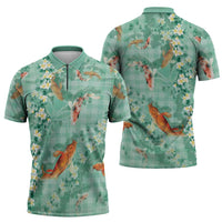 Green Palaka Hawaiian And Japanese Zipper Polo Shirt Sakura Lei With Koi Fish DT05 - Polynesian Pride
