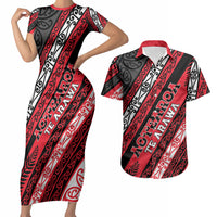 Personalised Aotearoa Te Arawa Couples Matching Short Sleeve Bodycon Dress and Hawaiian Shirt New Zealand Maori Tribal Fern Pattern DT05 Red - Polynesian Pride