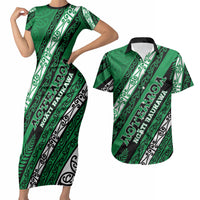 Personalised Aotearoa Ngati Raukawa Couples Matching Short Sleeve Bodycon Dress and Hawaiian Shirt New Zealand Maori Tribal Fern Pattern DT05 Green - Polynesian Pride