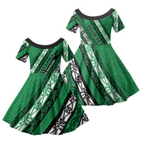 Personalised Aotearoa Ngati Raukawa Family Matching Long Sleeve Bodycon Dress and Hawaiian Shirt New Zealand Maori Tribal Fern Pattern DT05 Daughter's Dress Green - Polynesian Pride
