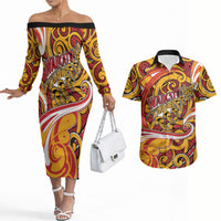 Custom Aotearoa Waikato Tainui Couples Matching Off The Shoulder Long Sleeve Dress and Hawaiian Shirt Maori Tribal Pattern Koru Motif