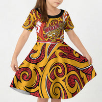 Custom Aotearoa Waikato Tainui Kid Short Sleeve Dress Maori Tribal Pattern Koru Motif DT05 KID Yellow - Polynesian Pride