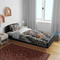 Black Palaka Hawaiian And Japanese Bedding Set Sakura Lei With Koi Fish - Polynesian Pride