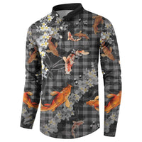 Black Palaka Hawaiian And Japanese Button Sweatshirt Sakura Lei With Koi Fish - Polynesian Pride