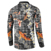 Black Palaka Hawaiian And Japanese Button Sweatshirt Sakura Lei With Koi Fish - Polynesian Pride