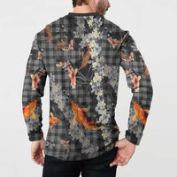 Black Palaka Hawaiian And Japanese Button Sweatshirt Sakura Lei With Koi Fish - Polynesian Pride