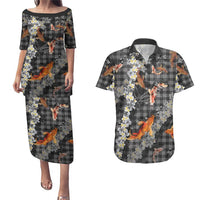 Black Palaka Hawaiian And Japanese Couples Matching Puletasi and Hawaiian Shirt Sakura Lei With Koi Fish - Polynesian Pride
